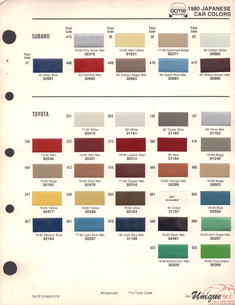 1980 Toyota Paint Charts Acme